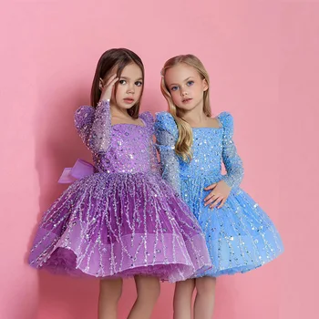 Виолетово-Розови Къси Рокли с Кристали за Момичета-Цветочниц 2023, Бална Рокля С пайети, Елегантни Рокли за Първо Причастие На Детски Рожден Ден