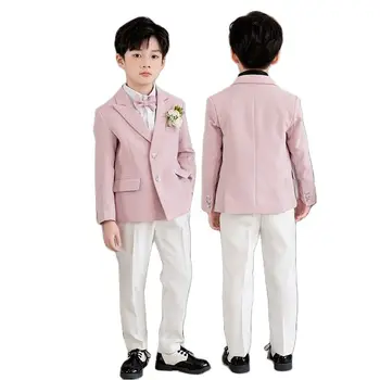 Бебешко Розово сако, Бели панталони, носи вратовръзка, костюм за фотография, 3 предмет, Бебешки дрехи за изяви на рожден Ден, комплект за сватбеното парти за Младоженеца за момчета
