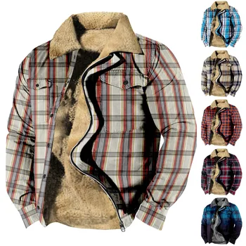 Зимно палто за мъже 2023, Ново флисовое палто с памучна подплата в клетката и принтом, яке, Ежедневното Модно топло палто Jaqueta Masculina