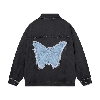Японската лоскутная деним яке в стил мозайка с пеперуда на гърба, Реколта, застиранная, за мъже и жени, Chaquetas Hombre, Мешковатое джинсовое палто Y2K, размер Оверсайз
