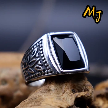 Готически пръстен от неръждаема стомана с черно естествен камък За мъже и жени, Байкерское пръстен с гравиран Цвете, Амулет, Модни подаръци, бижута