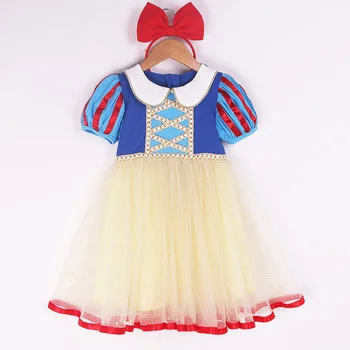 Рокля Disney snow white за момичета, летни рокли Принцеса с къс ръкав за рожден Ден, рокля с превръзка на главата за деца 3-11 години