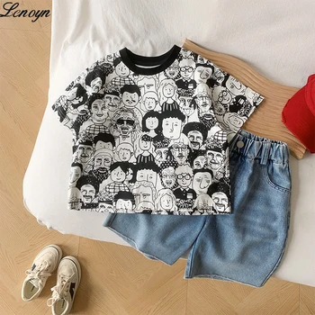 Lenoyn/ Лятна градинска дрехи, Детски дрехи, фланелка с шарени графити, блузи с къс ръкав за момчета и момичета, детски тениски