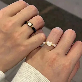 Пръстен с обсидианом, Мъниста, Минималистичное пръстен ръчно изработени, Сладко Черно-бяло пръстен с котка, дамски официални бижута и аксесоари