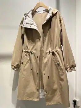 Ветровка с веригата от мъниста 2023, Есен Памучни ежедневното палто с качулка със средна дължина, завязками на талията на Жената