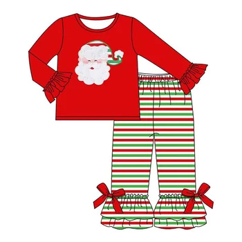 Коледен сладък украшение за малки момичета, червен топ с дълги ръкави и принтом Дядо Коледа, шарени панталони, комплект от 2 теми, бутик за дрехи за бебета и деца
