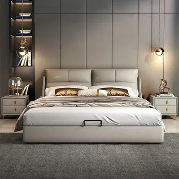 Италианска лека луксозна мека легло спалня, минималистичная капитана легло, нова минималистичная мека чанта, голяма кожена художествена легло с голяма облегалка
