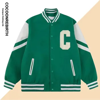 Висококачествена марка Зелена Бейзболна яке За мъже 2023, университетски якета в стил Мозайка с буквенной бродерия, Harajuku, Свободно палто за колеж, Есен