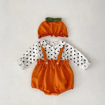 Облекло за Хелоуин 2023 година за деца, боди в стил Тиква за малки момчета и момичета, тениски с яка кукла в грах, 3 бр., комплекти за бебета