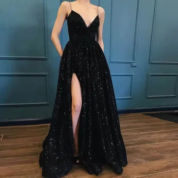 Черно елегантна вечерна рокля трапецовидна форма, с пайети на спагети презрамки 2023, секси рокля за абитуриентски бал с V-образно деколте, вечерна рокля без ръкави, с цепка отстрани и отворен гръб