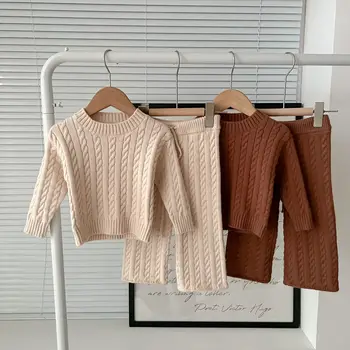 Есенно-пролетния комплект за бебешко плетиво дрехи в Корейски стил, монофонични вязаный пуловер с дълги ръкави + панталони, костюми за малките момичета