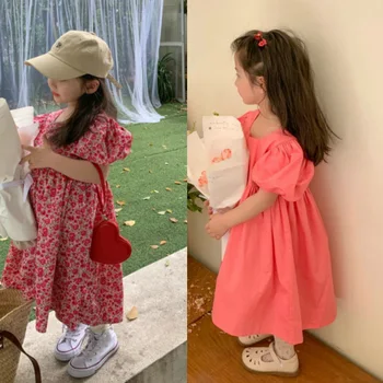 Рокля за момичета, однотонное рокля с цветен модел, с квадратни деколтета и пищни ръкави, Сладка рокля на принцеса, Лятна новост 2023, детски дрехи