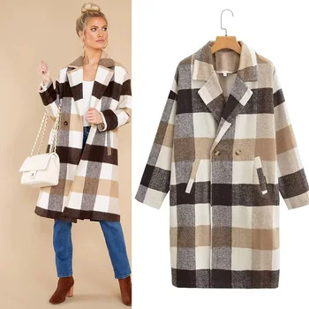 2023 Есен нова дамски дрехи в Европейския и американския стил, Вълнена двубортное палто в клетката средна дължина, палта, външна търговия