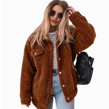 Топло къс яке цвят на камилска козина, яке от мека плюшено кожа, женски есенно-зимно палто