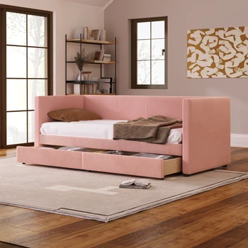 Елегантно, Модерно обзавеждане Розова двухразмерная вельветовая диван с две чекмеджета и дървена релса, здрав, спалня, дневна