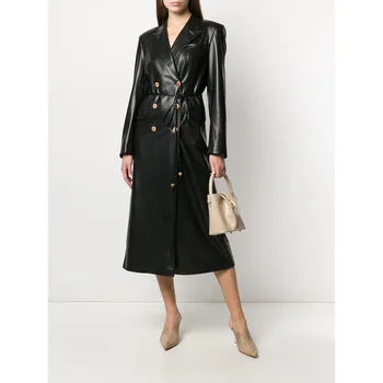 Палто от изкуствена кожа, женски 23 есенно-зимния дълго двубортное палто от висок клас, Безплатна доставка