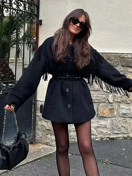 Модно Однобортное палто с черни пискюли, Дамско Елегантно Палто с Дълги ръкави и джоб, Есен-Зима 2023, Топло Градинска облекло