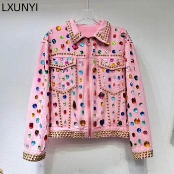 LXUNYI/ Ново цветно бельо джинсовое палто с кристали, градинска дрехи с тежки мъниста, модни Свободни ежедневни дънкови якета с дълъг ръкав, Женски