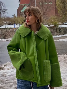 Дамско Модно Зелено Палто от Изкуствена кожа с Ревери, Однобортная яке с джобове и Дълъг ръкав, 2023, Зимно Дамско Елегантно палто