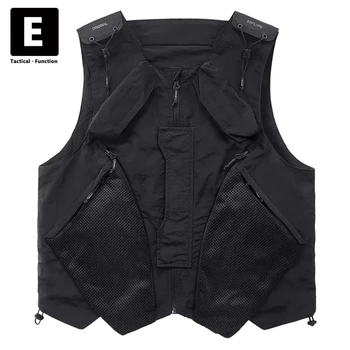 Технологичная Мъжки черна жилетка-карго, градинска яке без ръкави, мъжки лоскутные жилетки с много джобове
