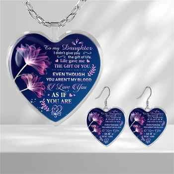 Модерен Лилав Стъклен медальон във формата на сърце с цветя модел, Колие, Обеци, набор от бижута за Бала парти, подарък за рожден Ден, Набор от бижута за Момичета
