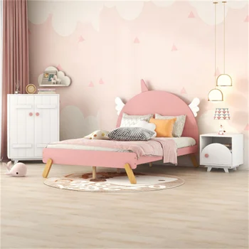 Спални слушалки от 3 теми, в пълен размер легло-платформа с тумбочкой и гардероб, Бяло + розово, Лесно за монтаж за мебели за спални