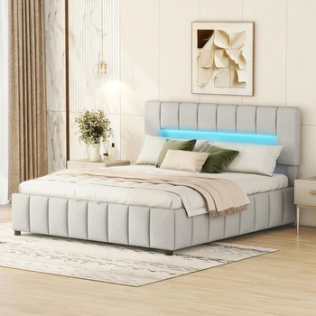 двойно легло 180 x 200 см, мек диван, семейно легло, легло-платформа с led осветление, модерна рамка на легло с място за съхранение, сиво