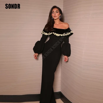 SONDR Прости Дантелени Саудитски арабски Дамски официални рокли с дълги ръкави, черно коктейл рокля с дължина до пода за официални събития, рокли