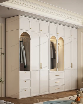 Модерен и минималистичен комбиниран шкаф със стъклени като, шкаф за съхранение на неща, френски светлина, луксозен крем стил, уютна спалня, сто