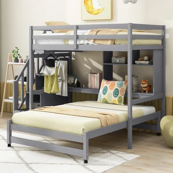 Минималистичная и модерно двуетажно легло с две единични легла, стълбище за съхранение на багаж, бюро, рафтове и закачалка за дрехи, сив