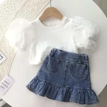 Нов комплект дрехи за момичета 2023 г., Лятна детска тениска от чист памук + деним пола, корейската версия на детски дрехи, комплект от две части