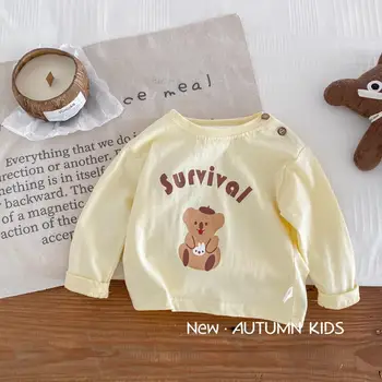 2023, Корея, Пролетно-есенна риза за малки момчета, Свободни Памучни Пуловери с дълъг ръкав, Блузи с принтом Мультяшного Мечка, Детски блузи копчета
