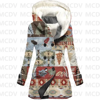Мек вълнен плат палто с качулка в стил Ретро с 3D принтом Тотема Женски гъст топло палто Дамско зимно топло палто, Ежедневни облекла