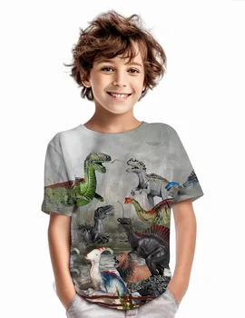 【Серия динозаври 】 Ярка лятна риза с принтом динозавър за момчета, ежедневни тениски с къс ръкав, дрехи за момчета