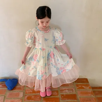 Бебешка рокля 5378C 2023, Лятна новост, Корейска живопис туш, рокля с везикулозната ръкави за момичета, Принцеса рокля в стил мозайка