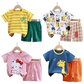 Комплект детски дрехи от 2 теми, Летни дрехи за момчета и момичета, фланелка с къс ръкав + шорти, Костюм, памучен дрехи за деца, детски дрехи