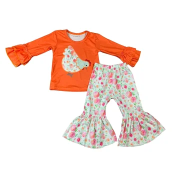 Есенна бутикови дрехи за малките момичета, Оранжева риза с дълги ръкави и рюшами, Комплекти расклешенных панталон с цветен модел