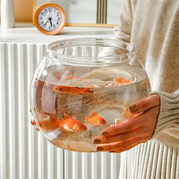 Стъклен аквариум за риби, Прозрачен Кръг Многофункционален Офис аксесоар, Глобус, Настолен аквариум, Бяла плот за домашни любимци