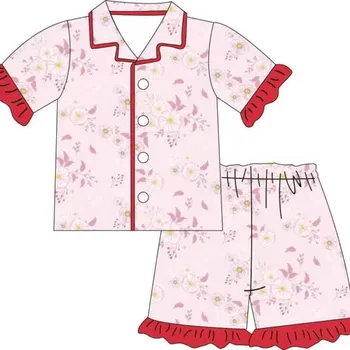 Сладка къса лятна пижама с дълъг ръкав за момичета, розови дрехи с флорални принтом за момичета, ежедневни домашно облекло