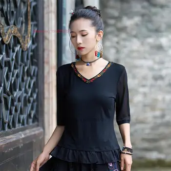 2023 китайска реколта базова риза, дамски блузи с национална бродерия на цветя hanfu, тениска с v-образно деколте, източна реколта еластична мрежа риза