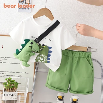 Комплект с къси ръкави за момчета Bear Leader, Новост лятото 2023, Топ + Шорти за момчета, всекидневни комплект с динозавром от Анимационни, Детски модни дрехи