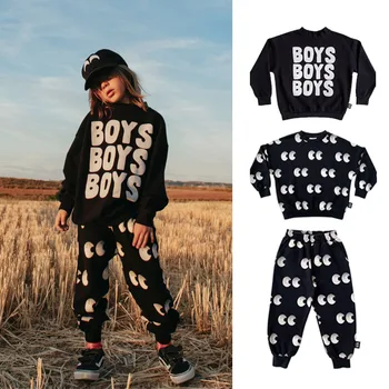 2023 AncoBear/ Модерен комплект толстовок за малки момчета, Есенен пуловер с принтом Очите, Топ + Дълги панталони, Детски Случайни Свободен спортен костюм