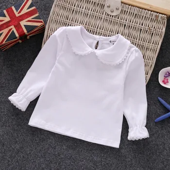 Есенно-пролетни Ризи за малки момичета, Памучен Лейси Бяла Детска риза с дълги ръкави За момичета, Потници и блузи за деца