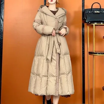 Модни Дълга дебела топло яке-пуховик, есен-зима, ново дамско ежедневното палто с плиссированными вложки и качулка