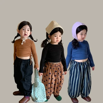 Есен нова базова риза с дълги ръкави за момичета в корейски стил дантела, памучен тениска с дълги ръкави, дрехи за малките момичета