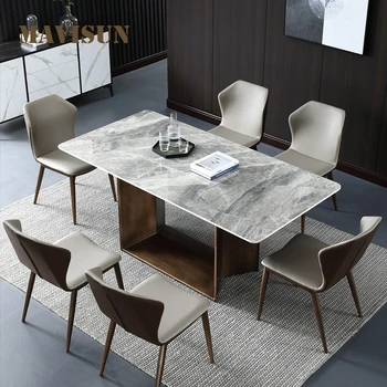 Комбинация от правоъгълен маса за хранене и столове за дома, Луксозен, маса за Хранене с метална основа и Мрамор, Дизайнерски мебели за дома