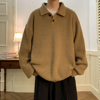 Пуловер, Поло, с деколте, Инкрустация От мъжки Трикотаж с Високо Размер Oversize