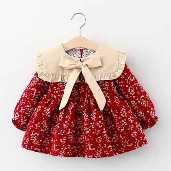 Есенни детски рокли принцеса с дълги ръкави и цветен модел за момичета, памучен детски ежедневни облекла, дрехи за малките момичета