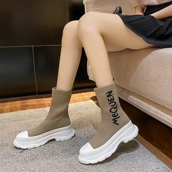 Новият Стилен дамски обувки, Дамски обувки до средата на прасците без скрепителни елементи, Възли дишащи дамски еластични обувки На Платформа с надпис 