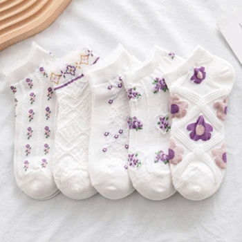 1 Чифт чорапи, Дамски Пролетно-летни Чорапи с фин силует, Сладки Чорапи, Летни Тънки чорапи-лодки, Мрежести Дантелени Къси чорапи, лилав цвят, на цветя